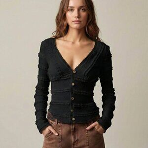 Boho Ruched Lace Asymmetrical Hem Blouse Black